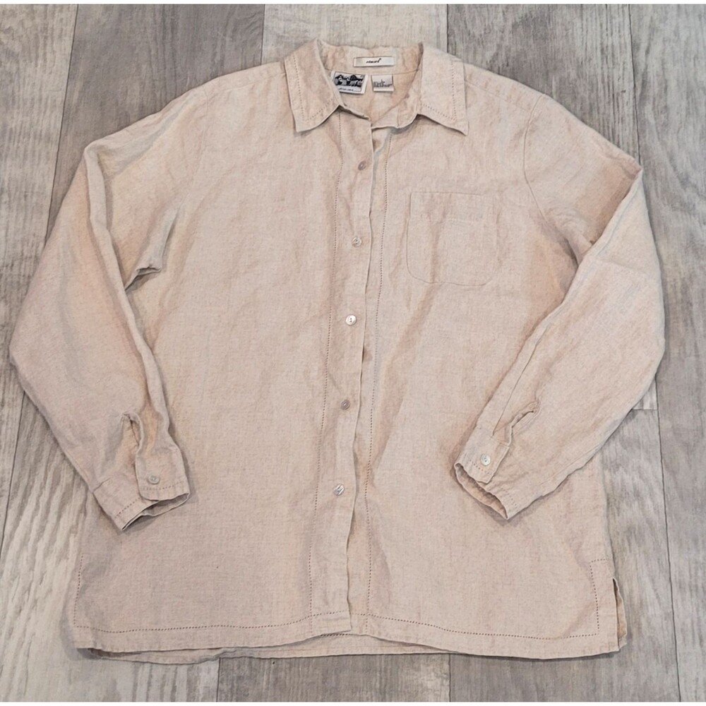 Edward Vintage 90s Irish Linen Sz L Long Sleeve Button Up Shirt Beige Hong Kong